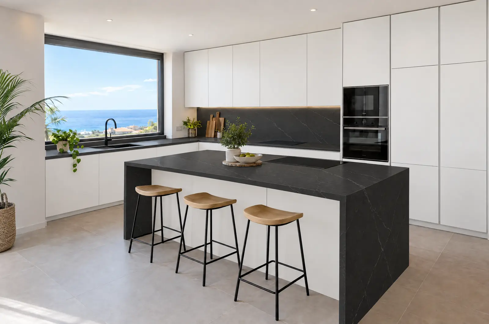 L-shaped kitchen with an island, flat white units and a black worktop