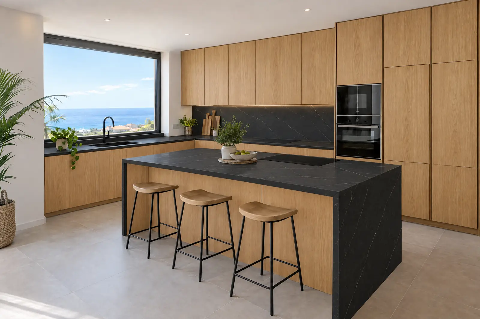 Oak L-shaped kitchen with a central island and a black worktop, with clear walkways around the island