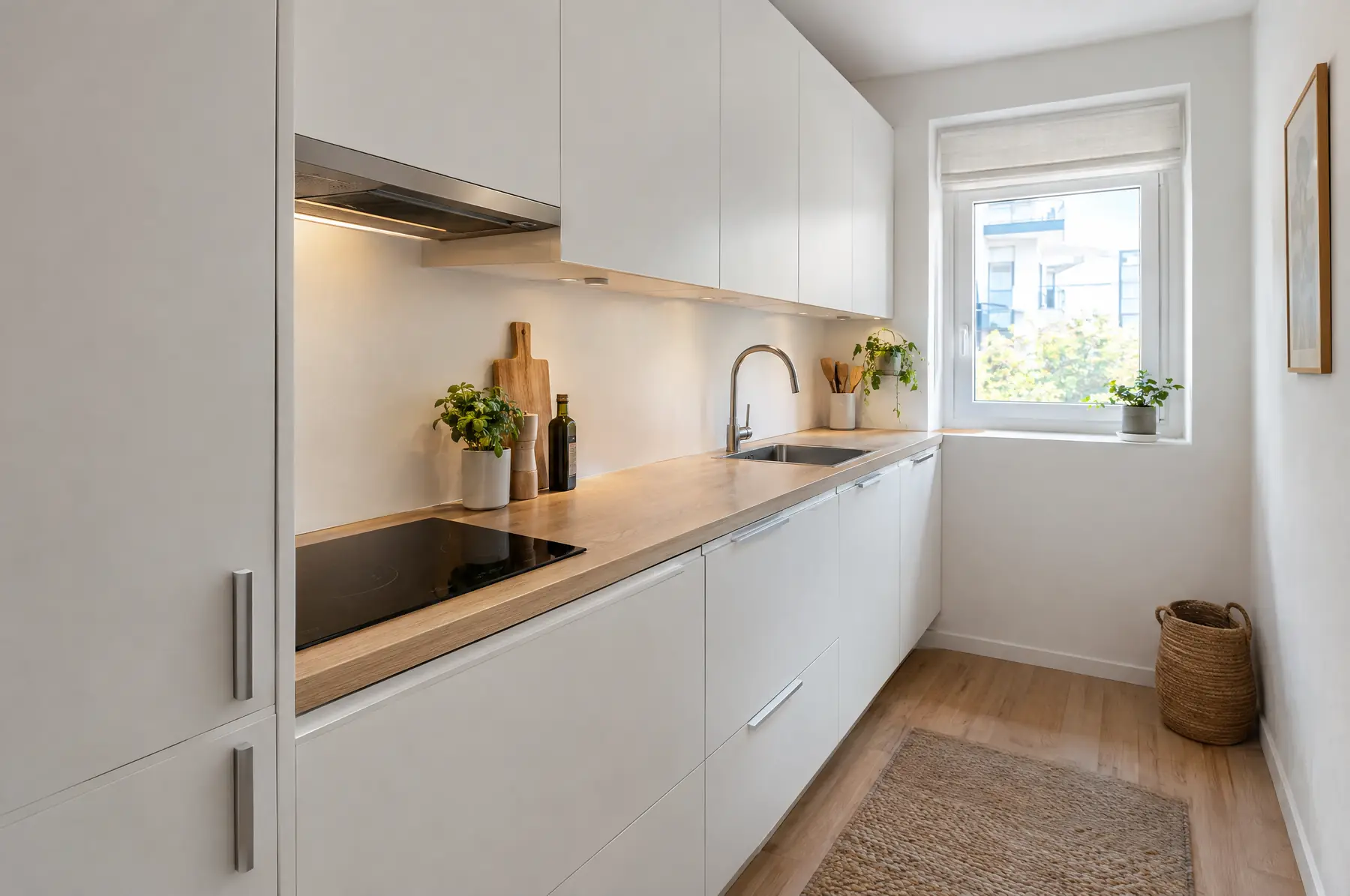 Schlichte weiße Küche mit Schichtstoff-Arbeitsplatte in Eichenoptik in einer kleinen Wohnung