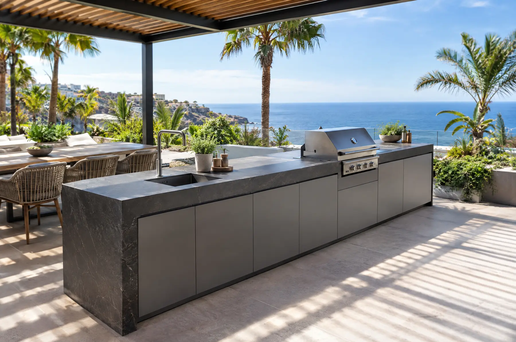 Outdoor-Küche auf einer Terrasse mit Meerblick