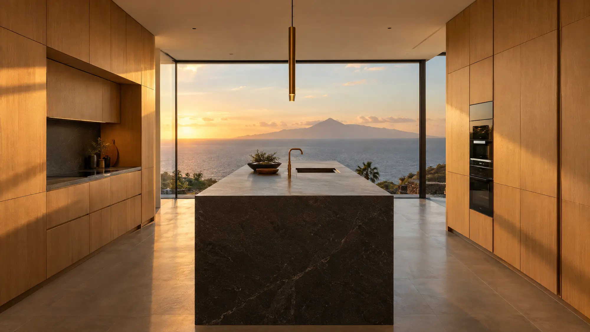 Moderne Küche mit Kochinsel aus dunklem Stein und Eichenmöbeln vor einer Fensterfront mit Blick auf den Teide bei Sonnenuntergang