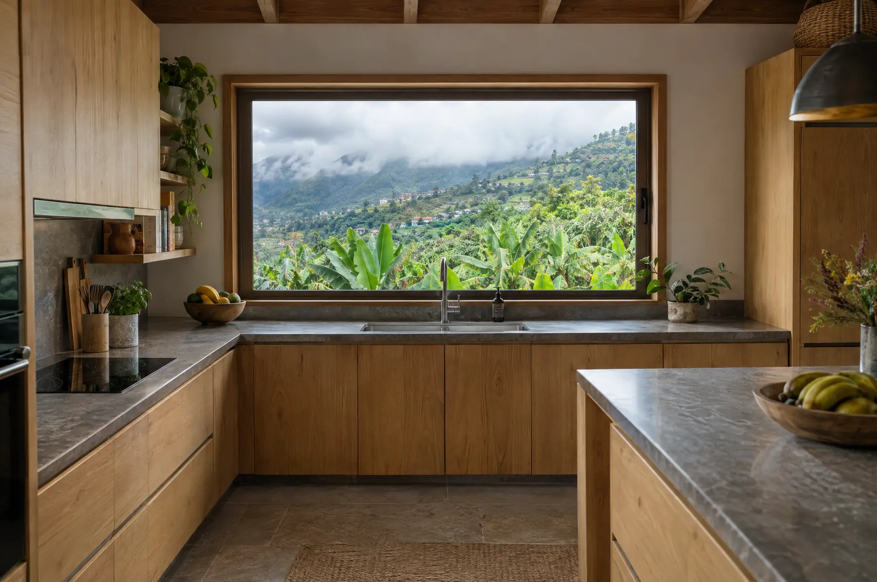Eichenküche mit offenem Fenster zu einem grünen Tal im Norden Teneriffas