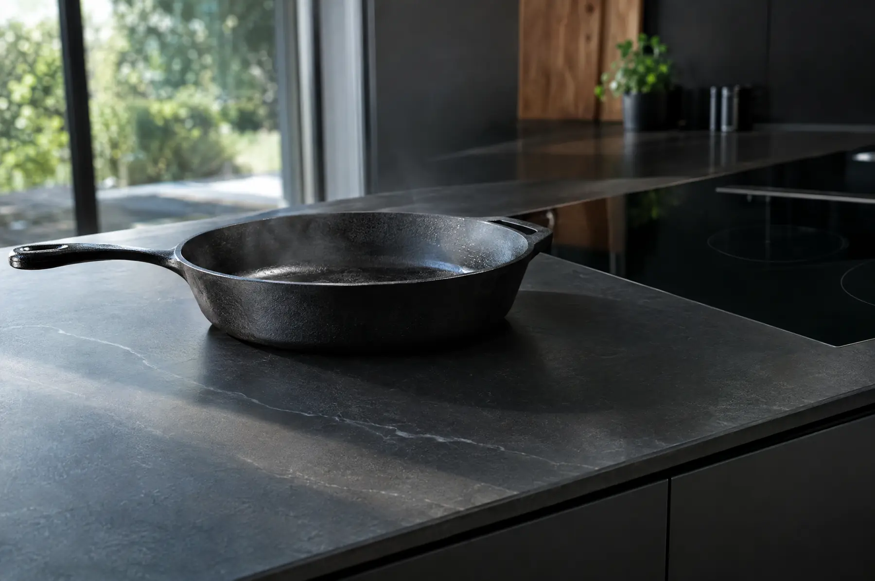 Black sintered stone worktop with a hot frying pan resting on it
